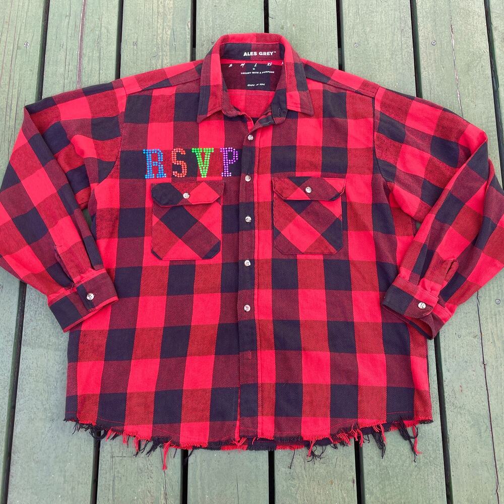 RSVP Gallery x Ales Grey Crystal Bejeweled Button Up Shirt Top sz L Large Men's